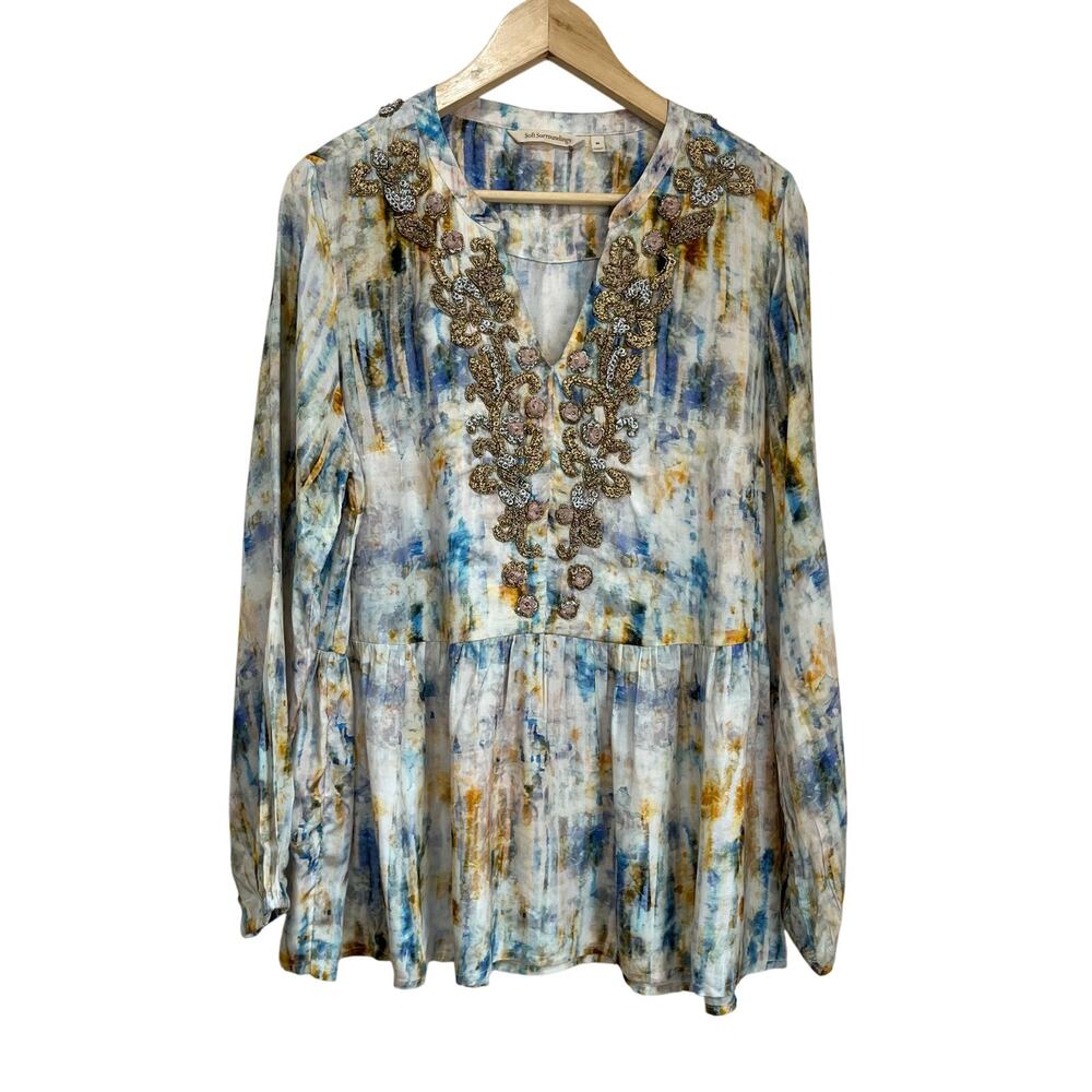 Soft Surroundings Embellished Peasant Top M Boho‎ Floral Tunic Sparkle Beaded
